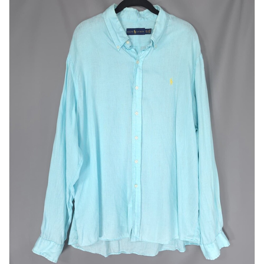 RALPH LAUREN Men's Casual Shirt XXL Aqua Blue 100% Linen Long Sleeve Coastal